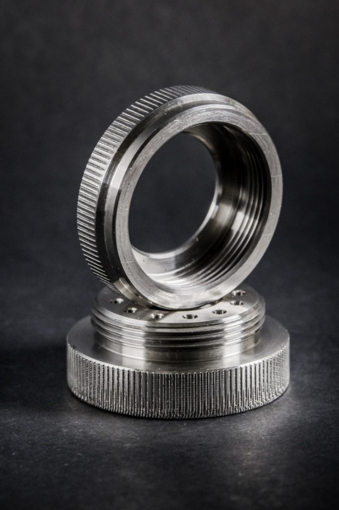 Two precision-made metal components with threads and knurling, stacked one on top of the other against a dark background.