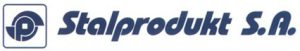 Dark blue logo with an emblem in a square frame and the slanted Stalprodukt S.A. lettering on a white background.