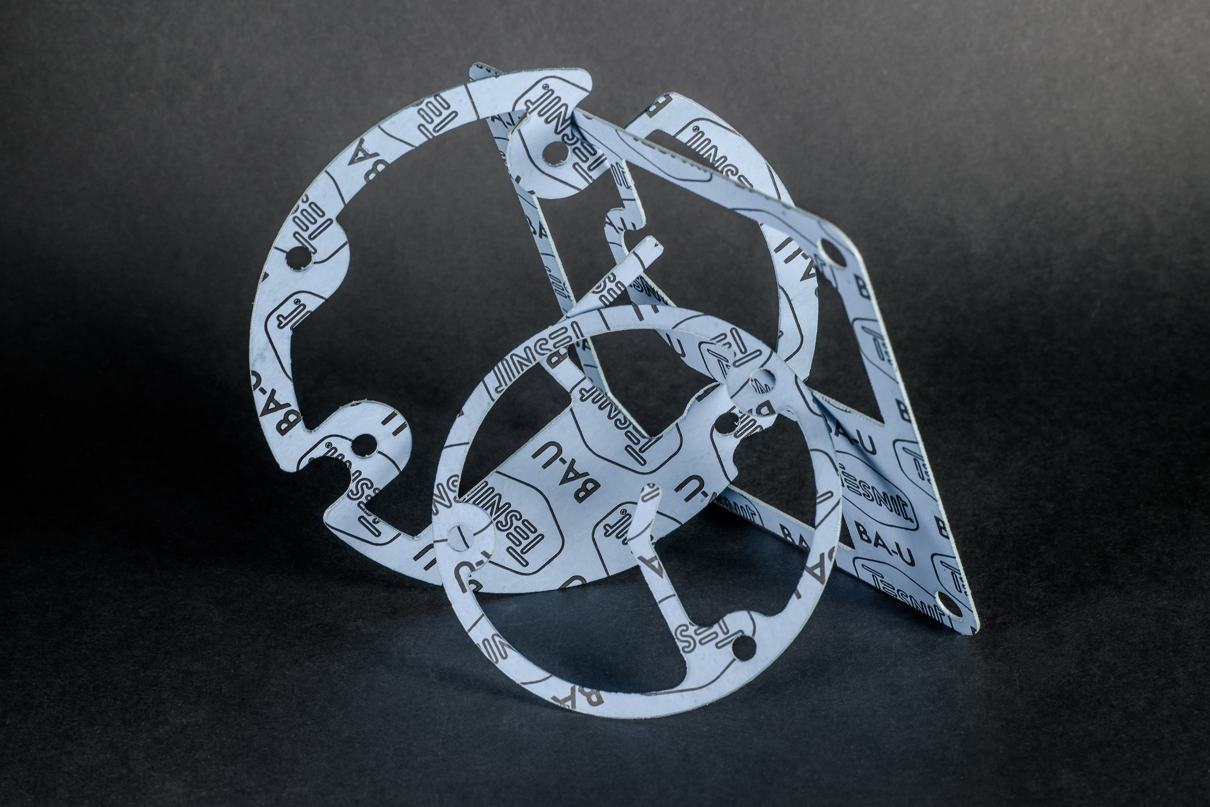 Gaskets cut from a blue-grey gasket sheet with lettering, arranged into a three-dimensional shape on a black background.