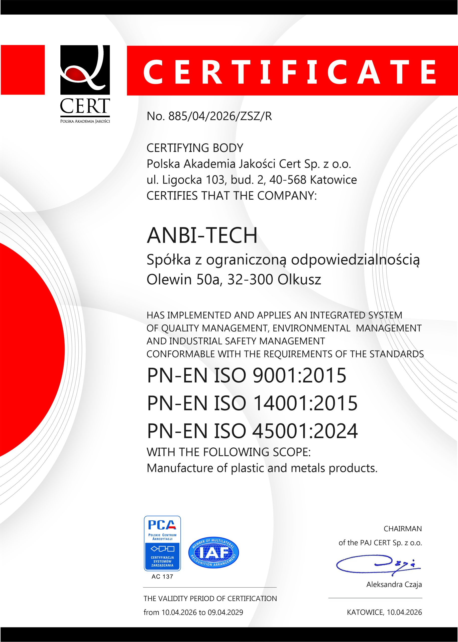 A management system certificate for ANBI-TECH with a red header, the PCA accreditation logo and the president's signature.