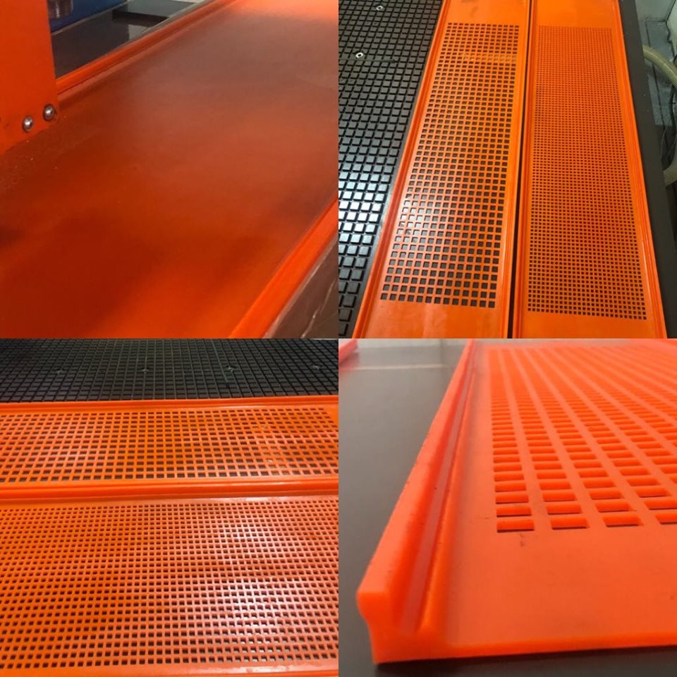 Collage of four shots of orange perforated plastic screen plates with a fine mesh of holes.