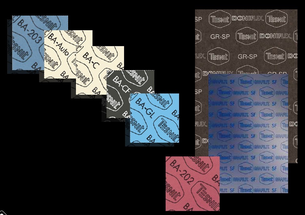 Samples of gasket sheets in various colours and sheet fragments bearing manufacturers' markings, set against a black background.
