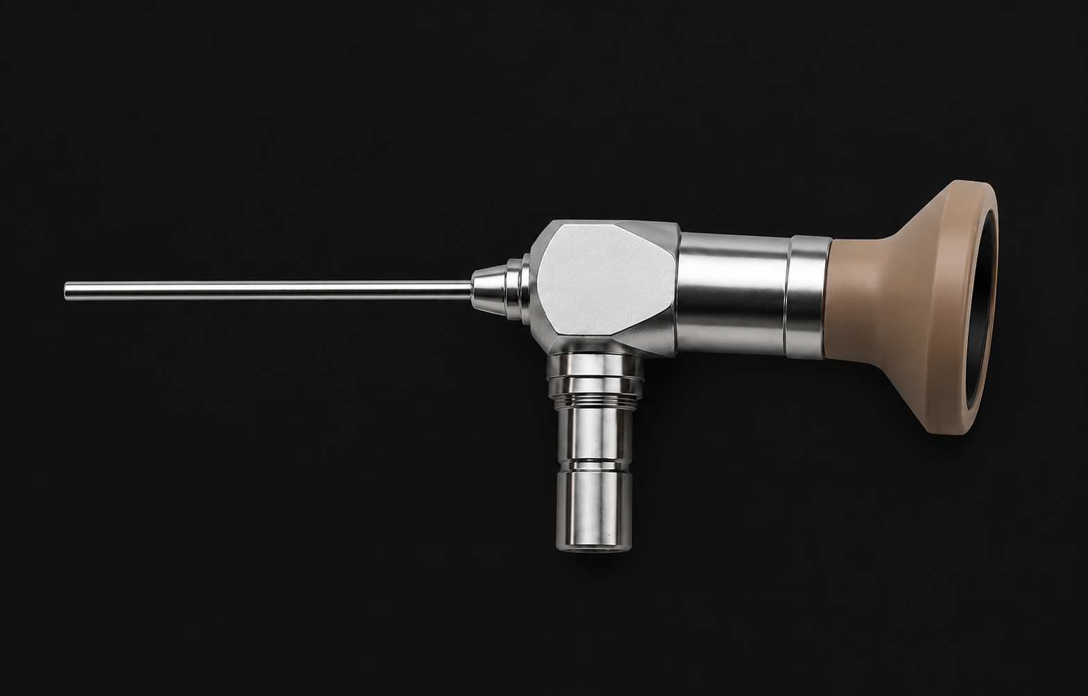 A silver endoscope with a narrow metal tube, central block, vertical connector and bronze funnel with a black interior against a plain background.