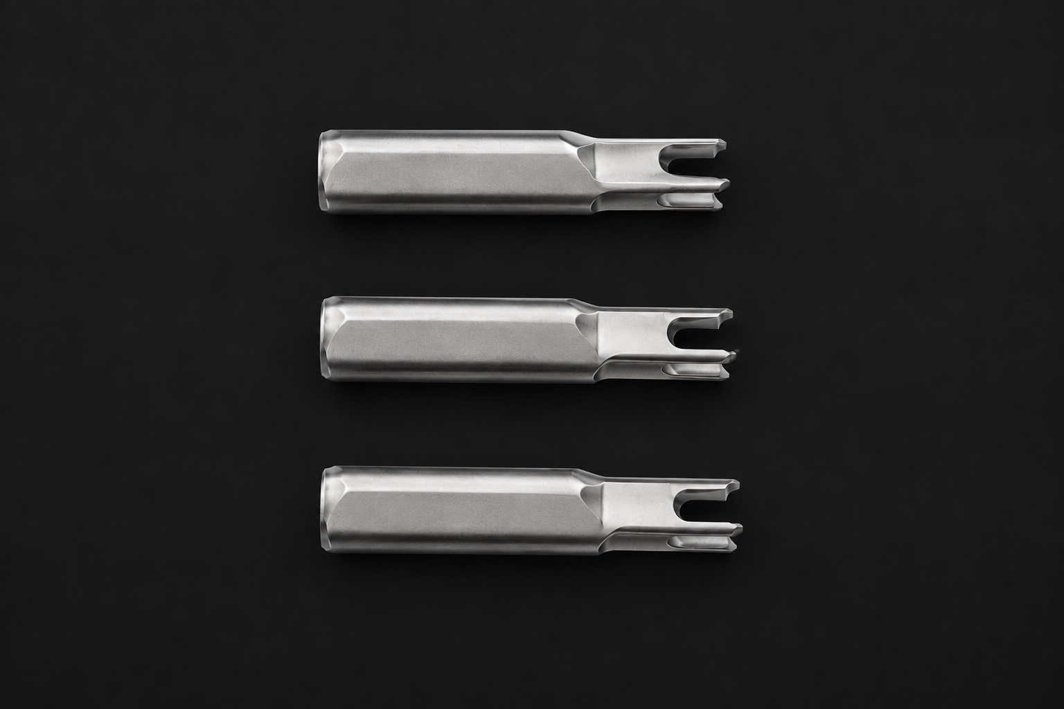 Three smooth metal bits with a hexagonal shank and a notch, arranged in parallel on a plain black background.